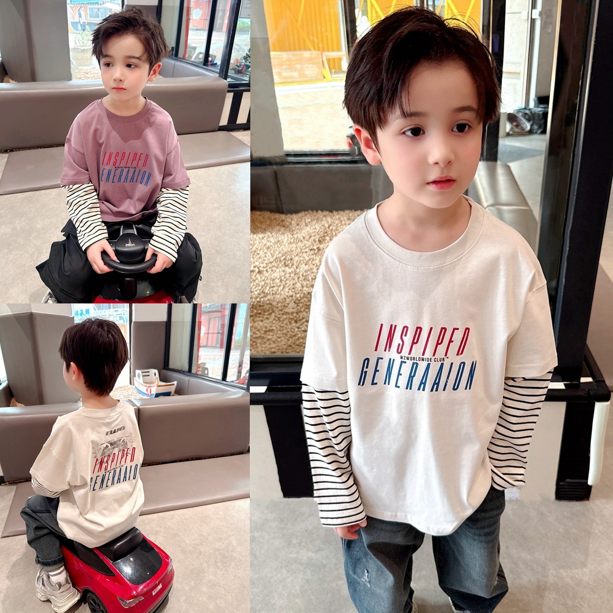 初秋薄款~男童假两件印花T恤