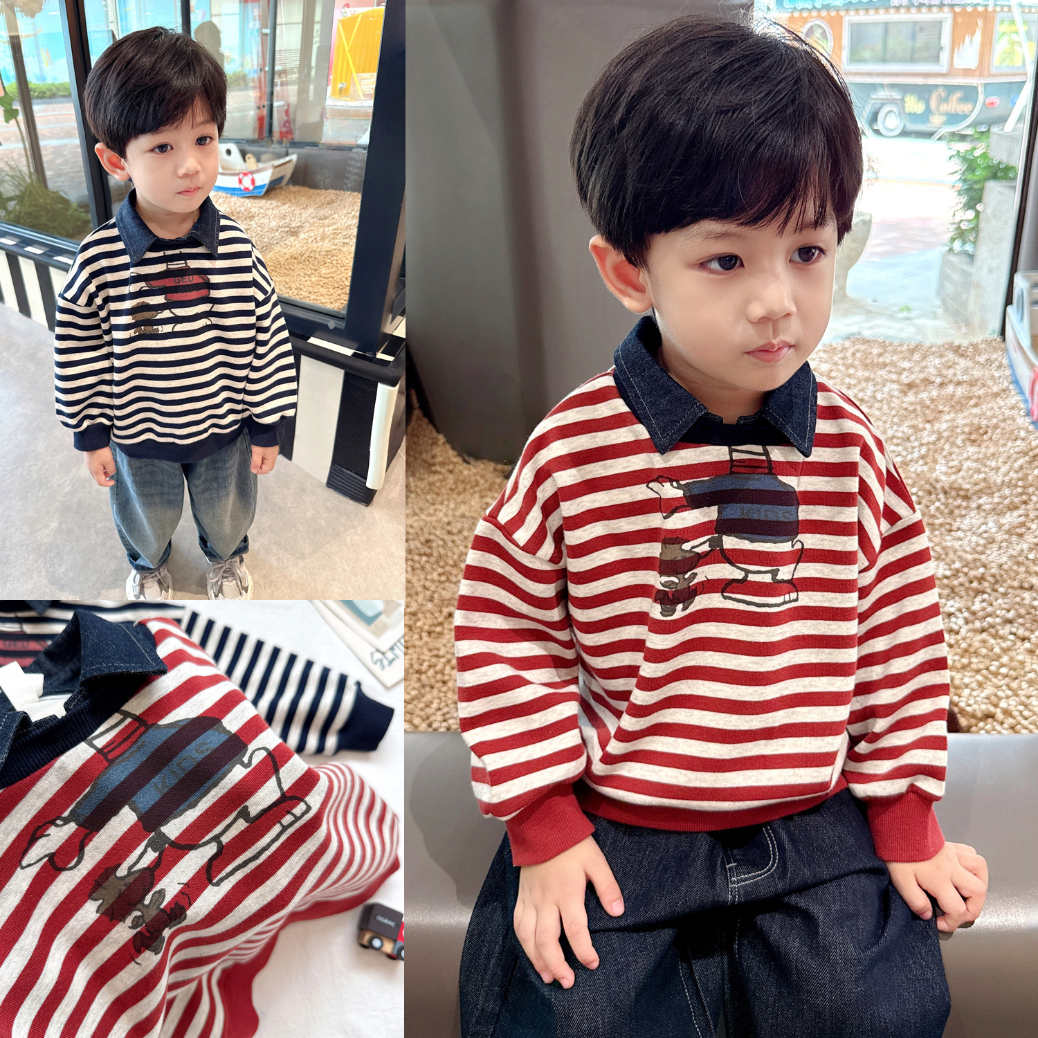 洋气翻领~男童假两件条纹卫衣2025秋季新款儿童春秋款长袖上衣潮