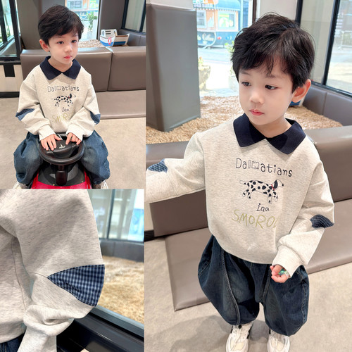 精品童装~男童拼色翻领卫衣2026春季新款中小童宝宝可爱卡通上衣