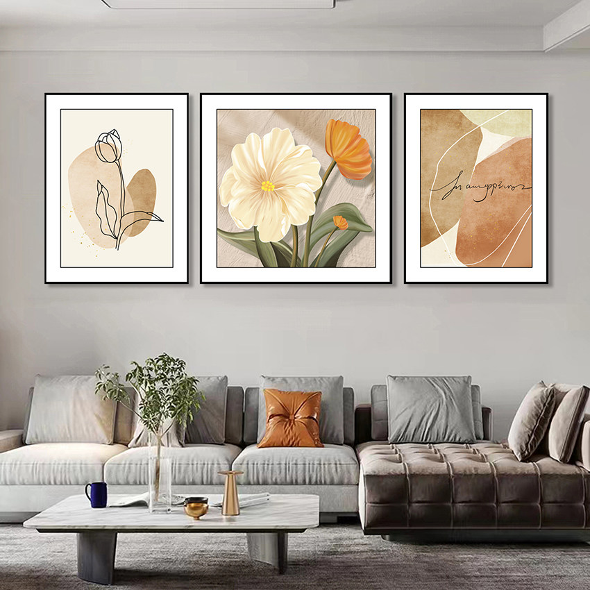 奶油风沙发背景墙挂画奶油风花卉客厅装饰画小清新现代简约三联画