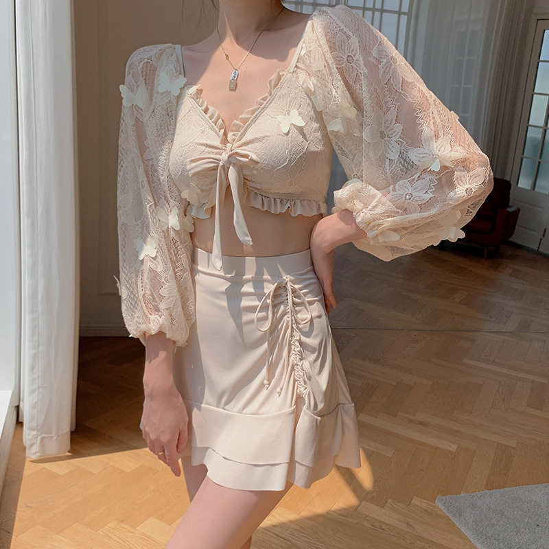 无头风夏季分体小清新蕾丝长袖短裙独立平角裤亚马逊跨境日韩泳衣