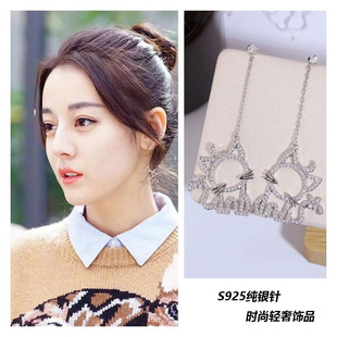 迪丽热巴同款耳环女可爱猫咪纯银长款耳钉周冬雨轻奢高级感小众潮