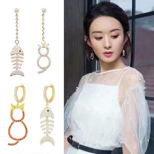 赵丽颖同款耳环女可爱猫咪鱼骨耳扣日韩气质周冬雨甜美少女小耳坠
