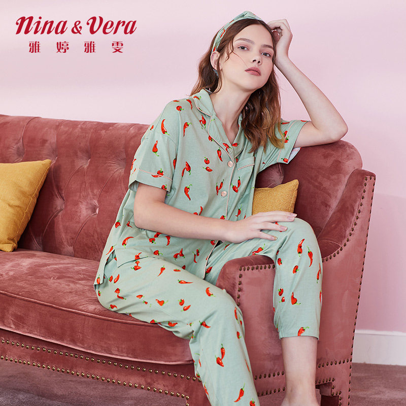 雅婷雅雯春秋女睡衣短袖九分裤夏天莫代尔家居服两件套装休闲薄款