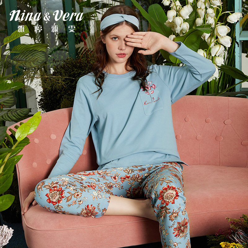 雅婷雅雯【纯棉】睡衣女春秋季圆领套头长袖长裤家居服套装可外穿