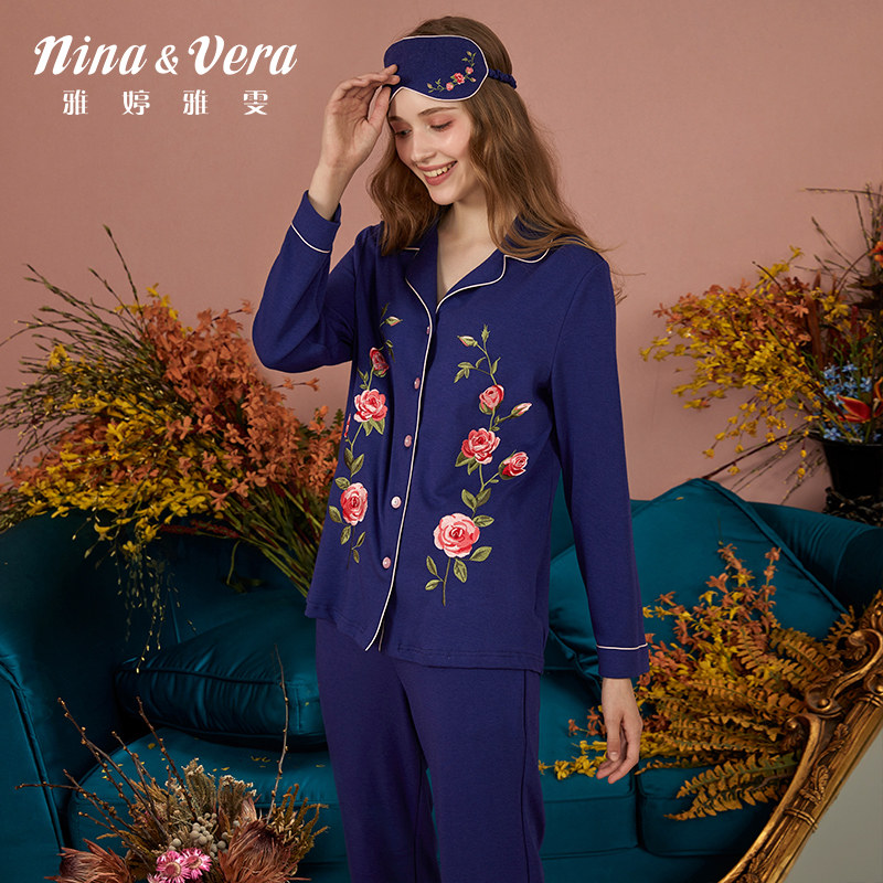 雅婷雅雯【玫瑰绣花】睡衣女秋冬季莫代尔棉家居服送妈妈款高级感