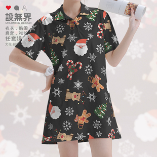 可爱圣诞节麋鹿雪花涂鸦平安夜POLO领连衣裙短裙裙子0017设 无界