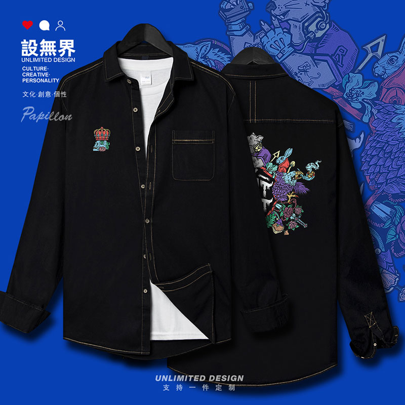 欧美插画老鼠涂鸦修身服牛仔衬衫