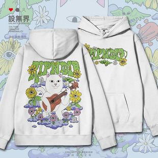 中指猫迷幻元素嬉皮吉他带眼花朵连帽卫衣男女帽衫潮0018设 无界