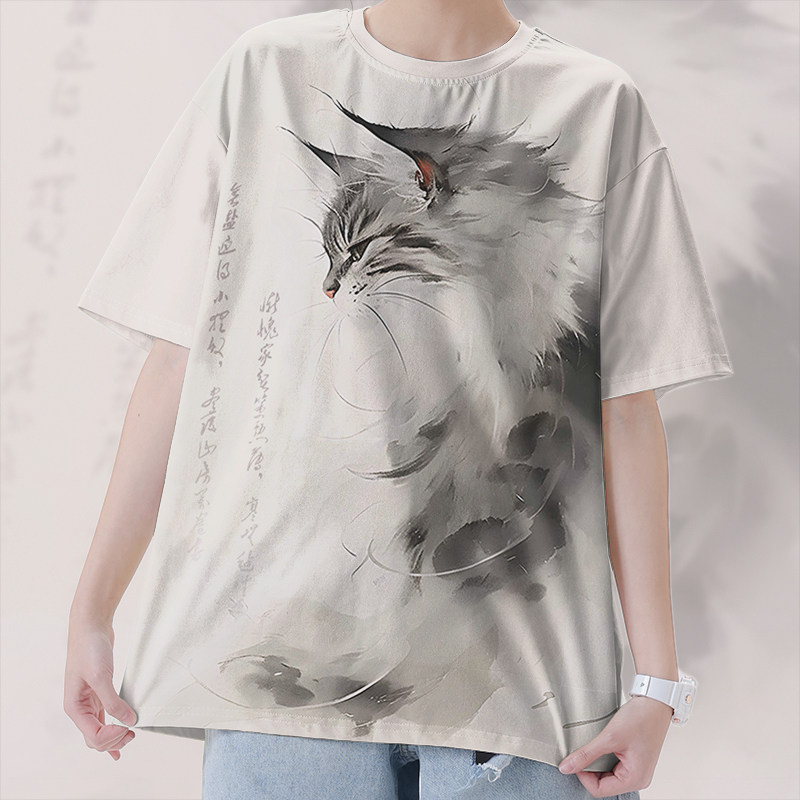 原创国风猫咪国潮诗词水墨小众简约大码速干T恤男女装0015设 无界