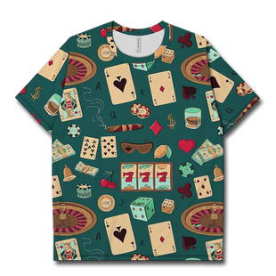 手绘筹码扑克牌场具图案速干T恤男女复古潮体恤夏0018设 无界