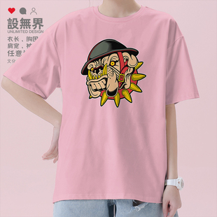 恶霸犬欧美风头盔短袖T恤男女休闲复古动物图案衣服夏0002设 无界