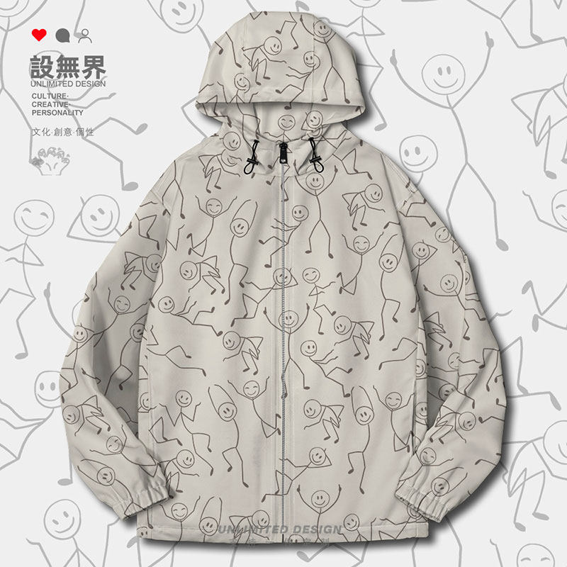 火柴人笑脸线条个性简约趣味夹克棉服男女小清新棉衣000E设 无界