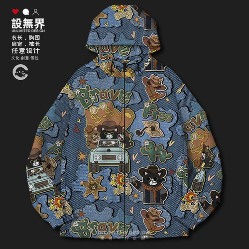 原创复古猫咪西部牛仔补丁系棉服