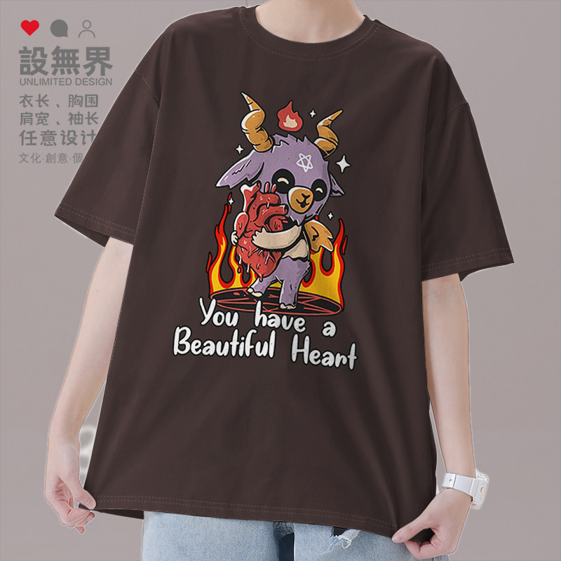 魔鬼撒旦卡通插画心脏英文文字短袖T恤男女个性运动夏0009设 无界
