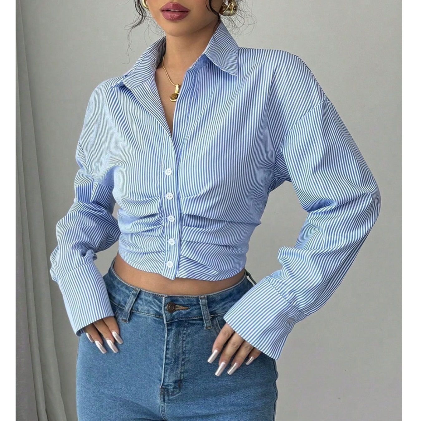 欧美风时尚春季新款翻领条纹褶皱单排扣收腰宽松长袖衬衫休闲约会,女装/女士精品,衬衫,淘宝优惠券,粉丝福利购,淘宝优惠卷