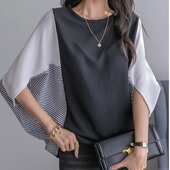 女装 胖MM日韩系夏季 圆领时尚 大码 宽松拼色条纹休闲蝙蝠袖 T恤上衣