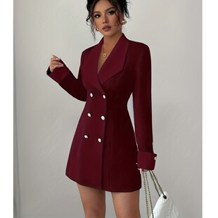 连衣袖 领双排扣通勤长袖 短裙聚会礼服 上班商务面试欧美风西装 春季