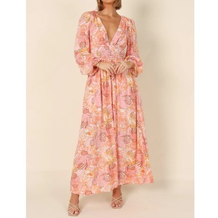 连衣裙长裙 欧美深V领印花性感露背系带收腰长袖 波西米亚春季 新款