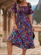 波西米亚风欧美一字领露肩Sexy两穿法收腰碎花短袖 中长款 连衣裙女