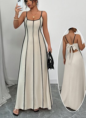 性感一字领拼色A字显瘦露背系蝴蝶结气质无袖吊带连衣裙长裙DRESS