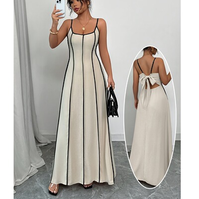 一字领拼色后蝴蝶结细吊带连衣裙