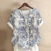 女装 白底青花瓷印花单排扣棉麻短袖 T恤衬衫 气质文艺大码 潮6色6码