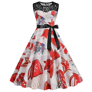 欧美圆领蕾丝拼接圣诞节格子中长款 连衣裙侧拉链送腰带礼服女 无袖