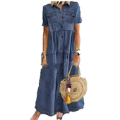 学生POLO领排扣浅蓝口袋A字短袖 牛仔连衣裙长款 Women 夏季 dress