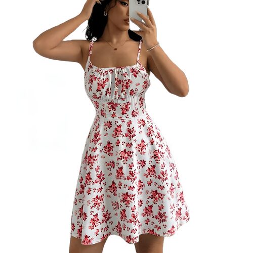小个子夏季新款跨境甜美时尚一字领碎花修身吊带连衣裙短裙DRESS