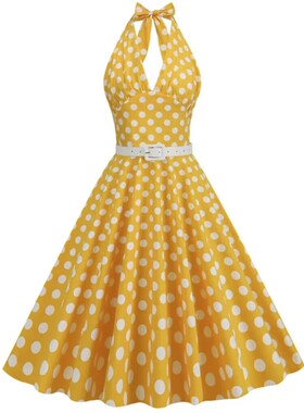 复古港风年代感甜美气质V领挂脖圆领波点修身A字大摆连衣裙DRESS