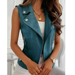 春夏新款欧美风时尚百搭西装领纯色拉链鹿皮绒休闲无袖马甲外套女