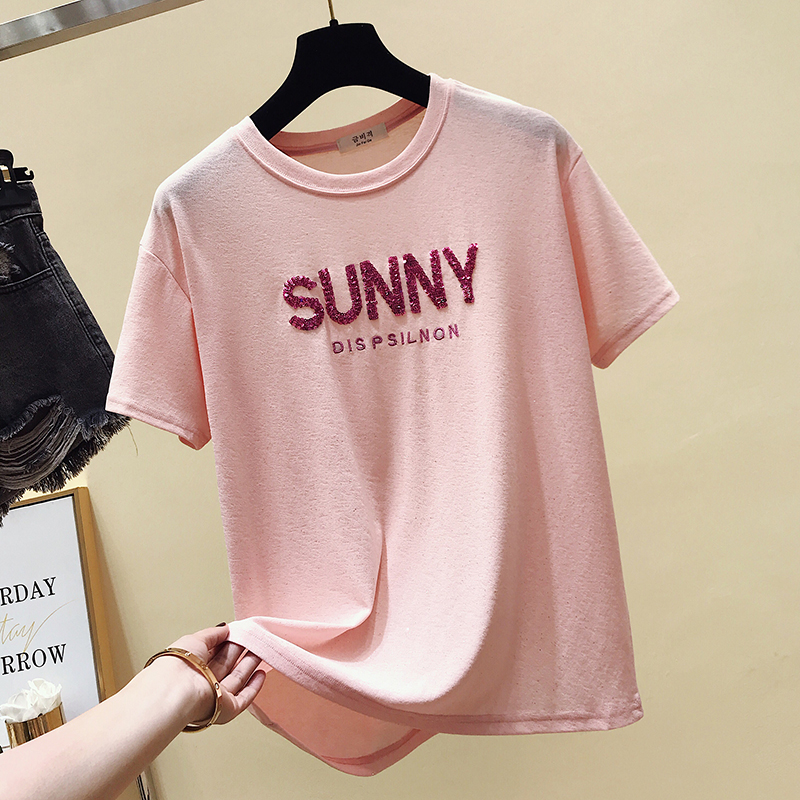 ¶ÌÐäTÐô2019Ïļ¾SUNNY×ÖĸÁÁƬ±ù˿ԲÁì´¿É«¿íËɶÌÐäTÐô³±T-shirt