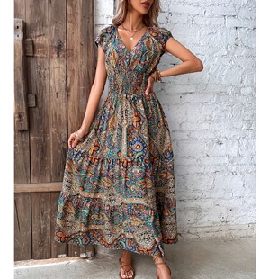 连衣裙度假长裙DRESS 收腰A字拼接短袖 波西米亚风夏季 V领印花修身