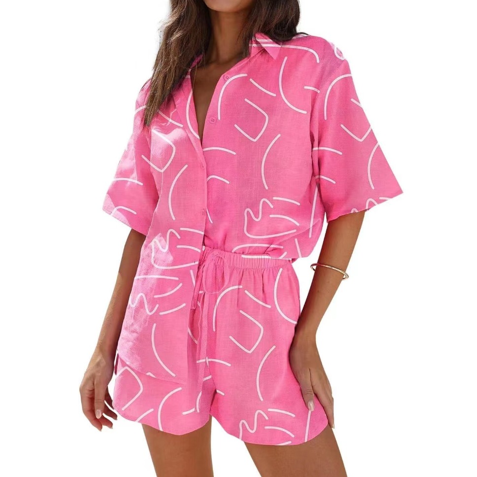 印花排扣短袖衬衫短裤两件套装女