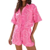 线条印花休闲两件套装 跨境欧美夏季 女suit 衬衫 短裤 时尚 单排扣短袖