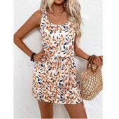 无袖 小个子欧美风夏季 清新圆领树叶印花时尚 背心连衣裙短裙DRESS