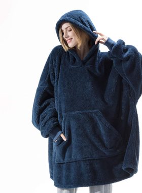 亚马逊舒适宽松双面绒加厚口袋毛毯情侣款家居服卫衣绒衫女hoodie