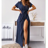 速卖通时尚 性感V领波点圆领收腰开叉短袖 连衣裙波西米亚长裙DRESS