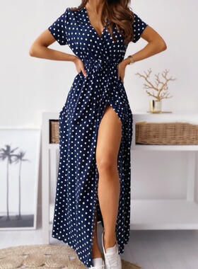 速卖通时尚性感V领波点圆领收腰开叉短袖连衣裙波西米亚长裙DRESS