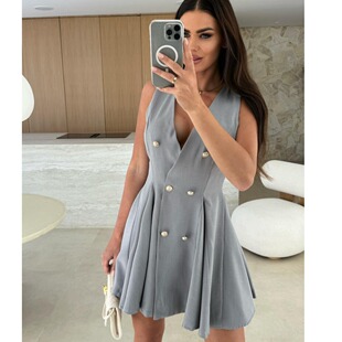 夏季新款欧美时尚通勤OL深V领双排扣A字无袖背心连衣裙短裙DRESS