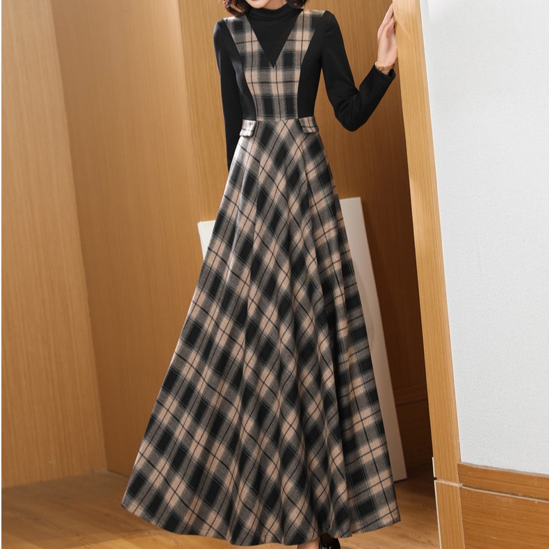 欧美风春季新款女加厚格子连衣裙收腰长袖气质减龄超长裙大摆裙潮