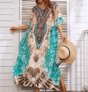 连衣裙 比基尼外罩衫 波西米亚速干定位印花V领沙滩罩衫 度假防晒衫