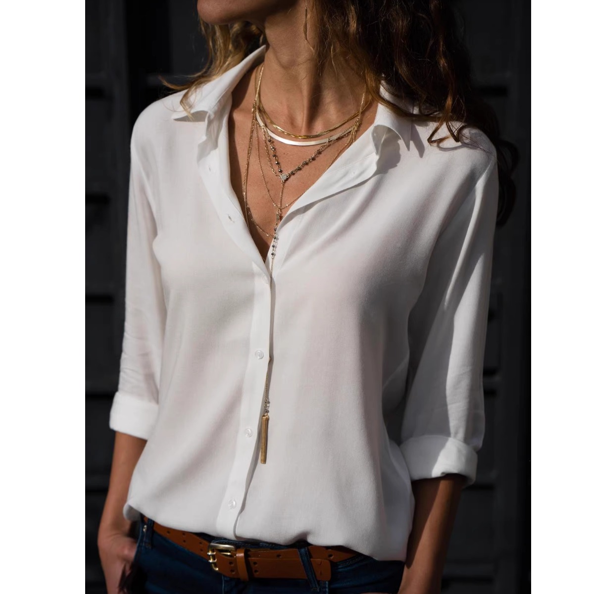 秋季新款甜美欧美风纯色单排扣简约时尚长袖雪纺衫上衣衬衫百搭女