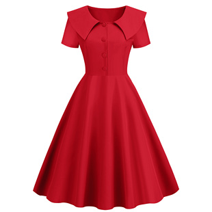 通勤甜美娃娃领红色单排扣夏季 连衣裙礼服裙DRESS A字大摆短袖 修身