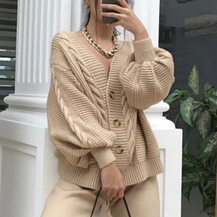 欧美春秋冬新品纯色时尚V领单排扣麻花针织开衫毛衣外套女sweater