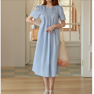 短袖 韩国东大门大码 女装 圆领浅蓝色甜美休闲中长款 4XL 连衣裙潮L