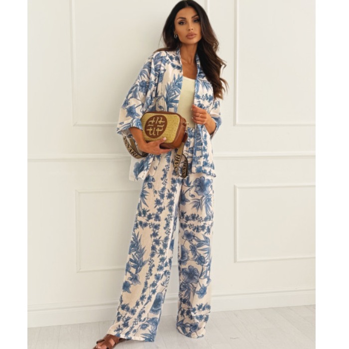 度假时尚花色宽松上衣长裤两件套