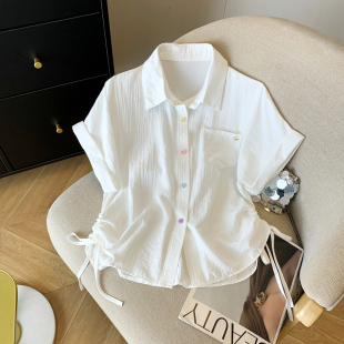 衬衫 通勤OL蓝色翻领单排扣宽松侧抽绳系带连肩短袖 上衣女 时尚 韩版