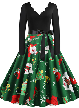 欧美风V领烧花拼接雪人圣诞树印花长袖大摆连衣裙Christmas Dress